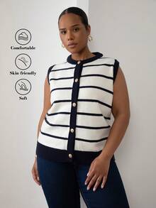 ELLERISSA Chaleco elegante de rayas curvas para mujer, chaleco de punto a rayas blancas y azul marino con botones, uso casual de primavera, prenda de capa, chalecos talla grande para mujer, atuendos de oficina, uso diario, chaleco de punto, uso profesional, blusa casual elegante - Azul Marino - Ver 3