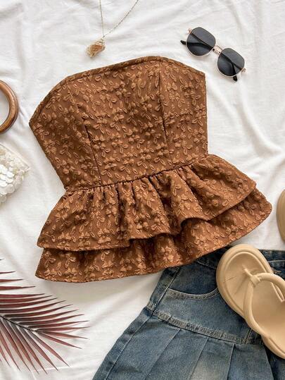 Soleia 女士度假休闲鹅黄色提花系带露背荷叶边抹胸夏季可爱午餐休闲返校黄色上衣