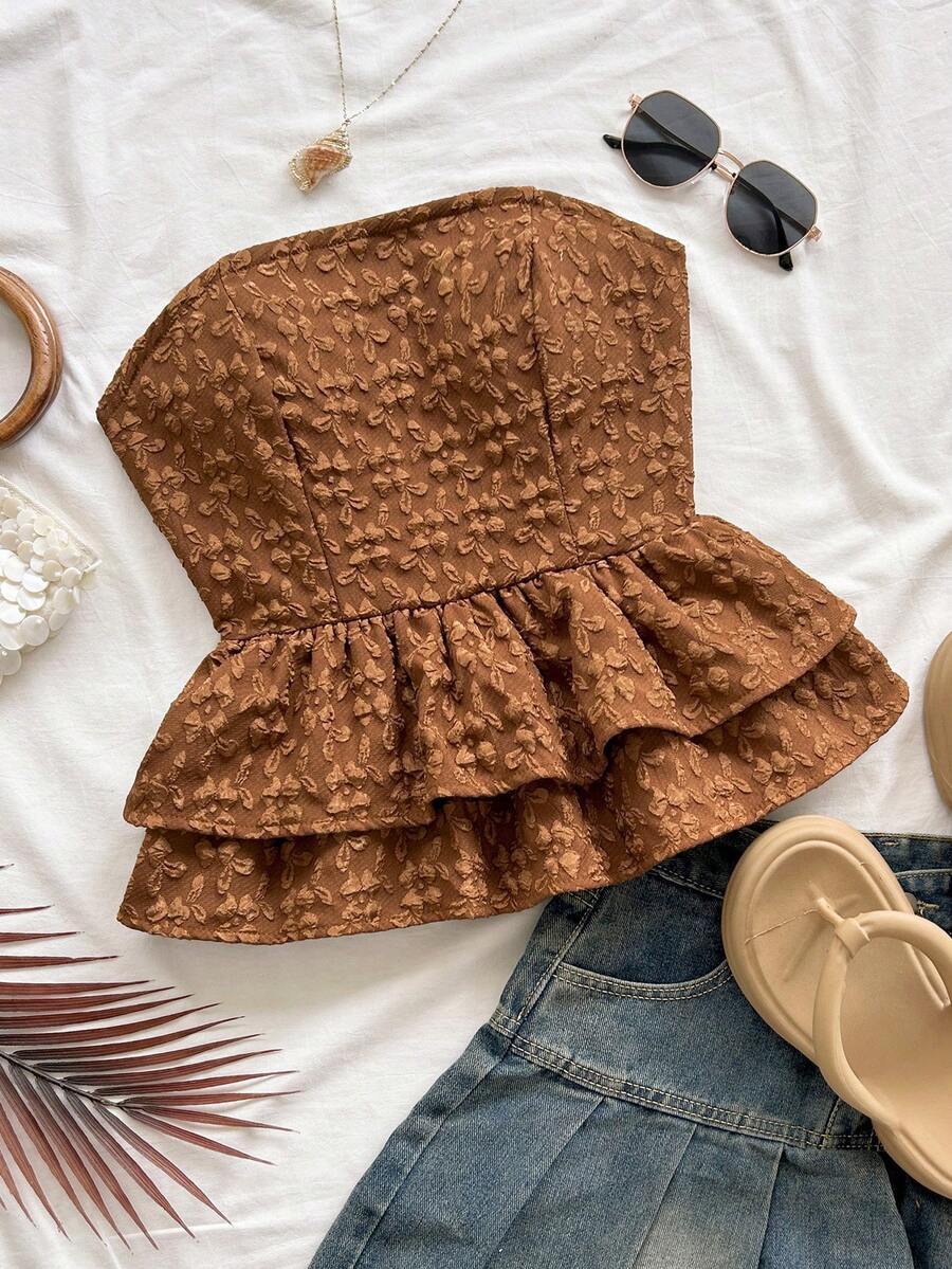 Soleia 女士度假休闲鹅黄色提花系带露背荷叶边抹胸夏季可爱午餐休闲返校黄色上衣 - 咖啡棕 - 查看 1