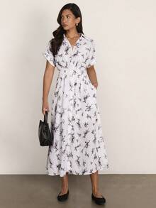 COSMINA Vestido de manga corta con estampado floral minimalista, escote en V con detalle en la cintura, sin mangas, con estampado floral negro, adecuado para uso diario, vestido minimalista casual, vestido de verano para mujer - Multicolor - Ver 2