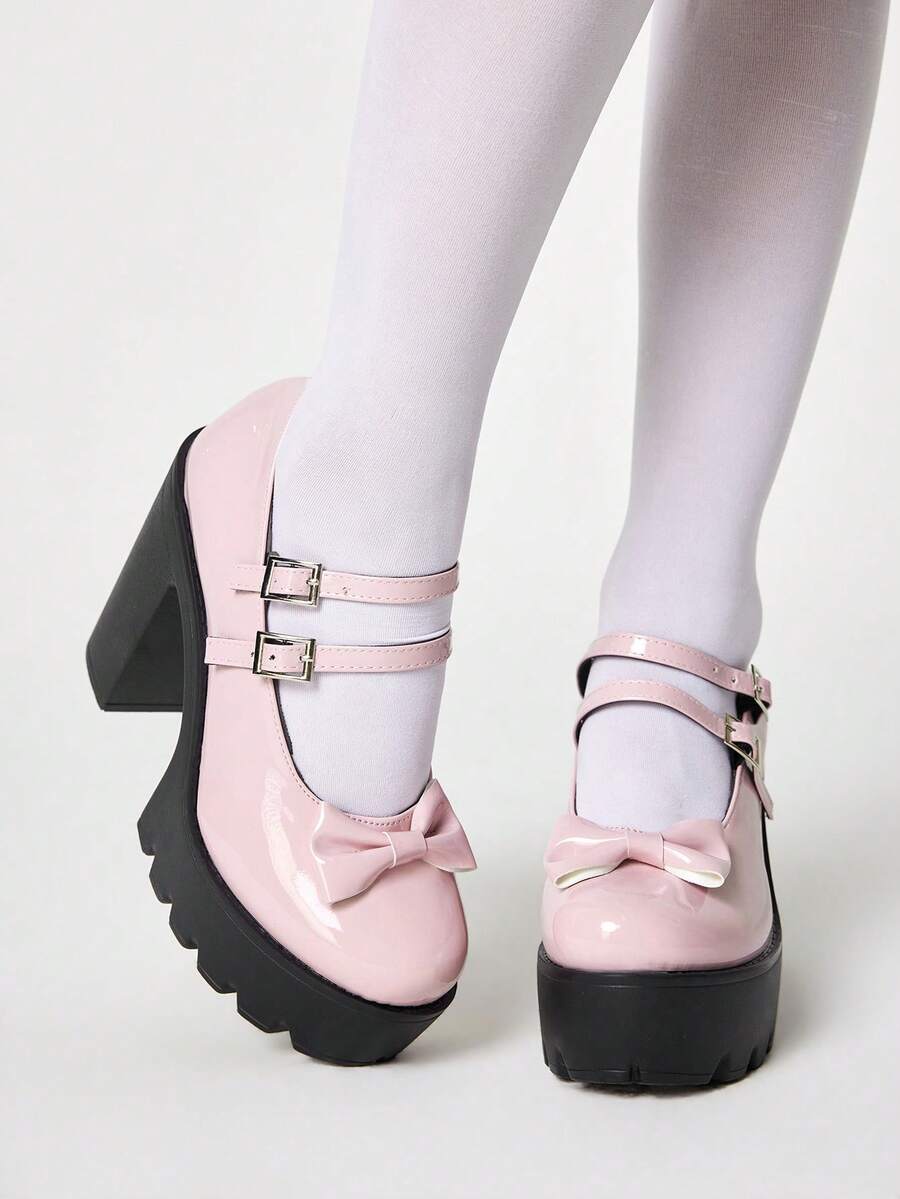 ROMWE Kawaii Giày Rock Punk Gothic tối màu với một khóa cài và gót kim loại dày, giày lười cổ thấp, giày công sở trang trọng, giày Mary Jane Nhật Bản, giày da nhỏ, giày cao gót nữ. - Màu hồng sáng da nơ bướm - Xem 1