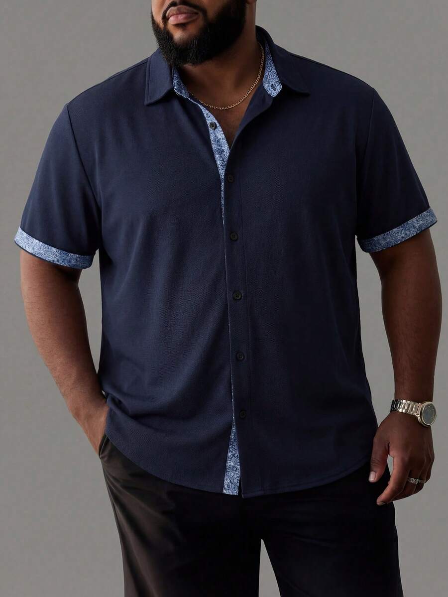 Manfinity Homme Plus Size Men's Summer Casual Contrast Trim Front Button Short Sleeve Shirt - Navy Blue - View 1