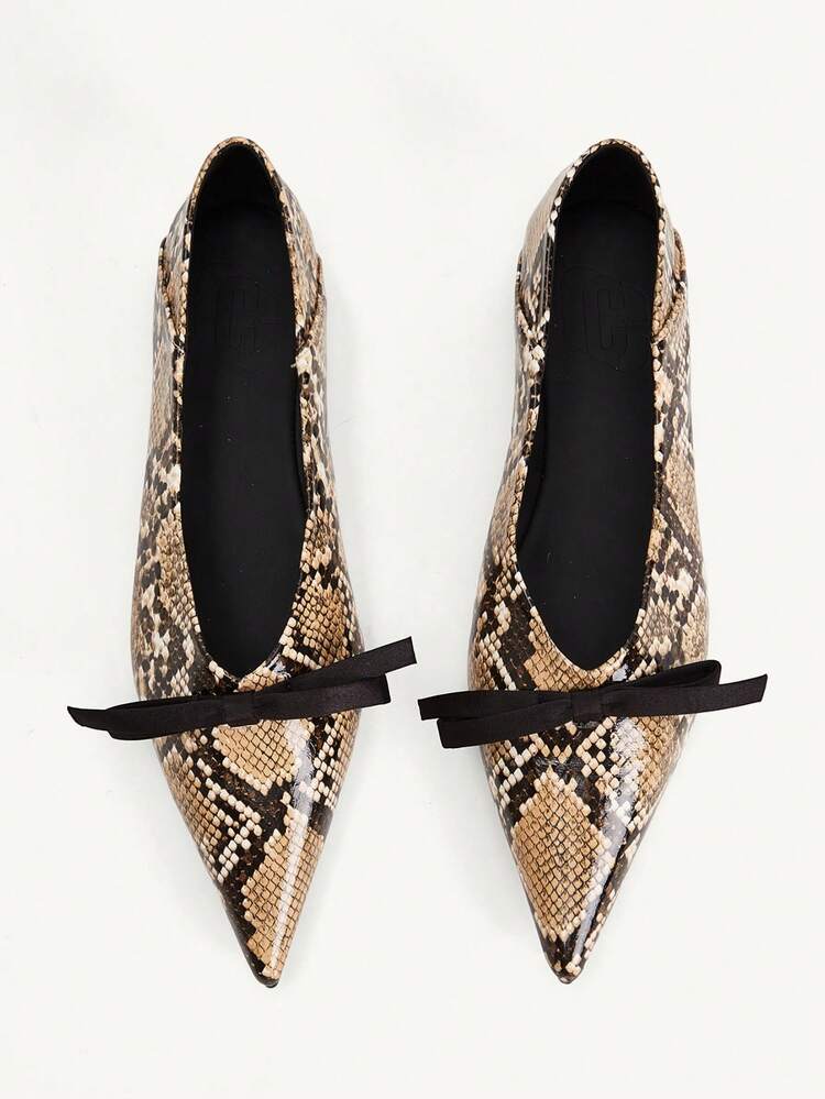 CUCCOO CHICEST Pointed Toe, Low Vamp Bow, Flat Bottom, Comfortable And Versatile, Fashionable Soft Sole, Elegant Fairy Shoes, Snake Pattern Apricot Ballet Women's Shoes