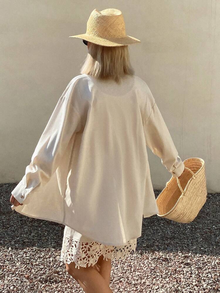 Women's Casual Solid Color Loose Collar Long Sleeve Shirt Contrast Lace Trim Beaded Drawstring Skirt Two Pieces Set, Summer Lounge Sets For Women