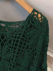 GlowEve CURVE Plus Size Women Solid Color Hollow Sheer Crew Neck Sweater Fall - Dark Green - View 3