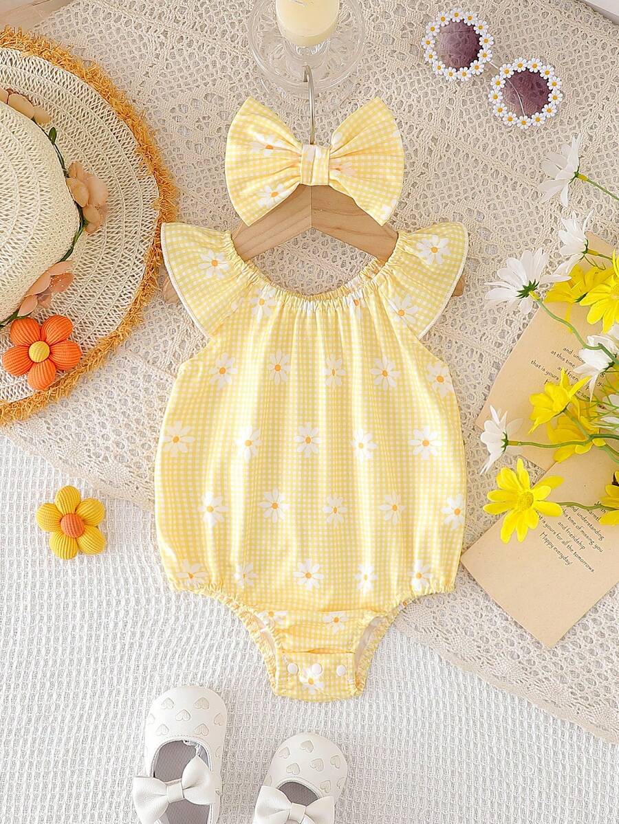 SHEIN Vintaside Kids Newborn Cute Daisy Ruffled Sleeve Romper And Headband Set, Summer - Yellow - View 1
