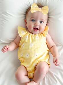 SHEIN Vintaside Kids Newborn Cute Daisy Ruffled Sleeve Romper And Headband Set, Summer - Yellow - View 3
