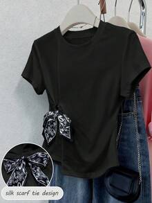 Franclia Camiseta de manga corta de mujer con cuello redondo y decoración de lazo, versátil para uso diario casual - Negro - Ver 3