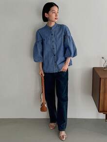 FRIFUL Women's Casual 3/4 Sleeve Raw Denim Shirt,Back To School Clothes - Blue - View 2