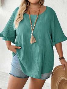 SHEIN CURVE+ Women Plus Size Khaki Blouse, Ruffled Short Sleeve Loose Hem Casual Holiday Dressbeach Outfits For Woman/Beach Dress/Beach Vacation Outfits/Beach Essentials / Graduation/Tea Party Dresssummer/Country/Beach Vacation Outfits/Beach Outfits/Beach Wear - Mint Green - View 3