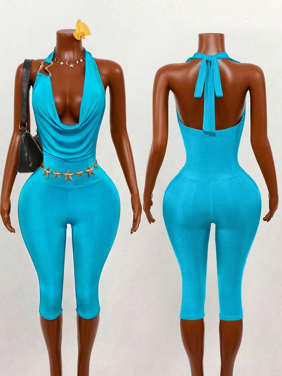Mistrie Áo croptop màu vàng chanh và xanh lá cây, thiết kế cổ trễ vai, trang trí kim loại, quần lửng bó sát, chất liệu vải pha rayon bóng, thích hợp cho kỳ nghỉ, tiệc tùng, biểu diễn sân khấu, bộ jumpsuit gợi cảm dành cho nữ. - Màu xanh lam - Xem 1