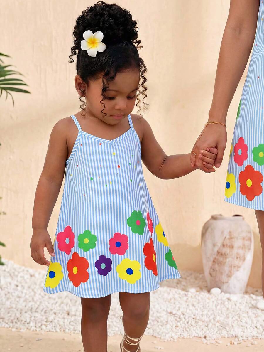 SHEIN Đầm không tay in hoa kẻ sọc cho bé gái đi nghỉ hè - Màu xanh lam - Xem 1