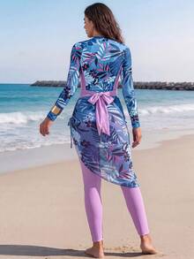 3件套女士比基尼套装，随机树叶印花，简约泳衣 - 圆领长袖防晒衣，腰部系带泳装，以及夏季沙滩罩衫 - 藍色 - 查看 2