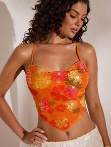 Opulessa 女士吊带露背亮片上衣，适合春夏度假 - 橘色 - 查看 6