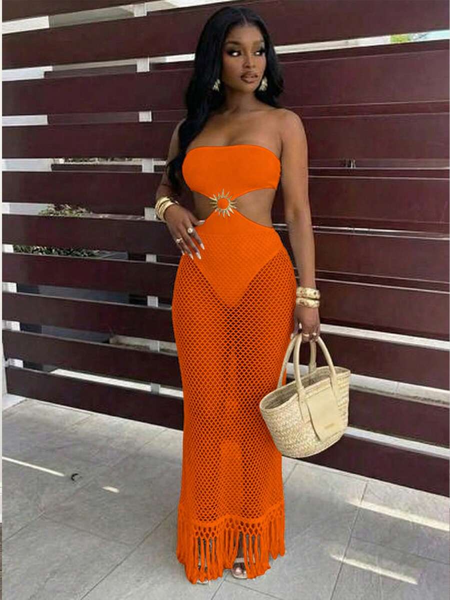 BamGleam Women's Sexy Hollow Out Fishnet Design Strapless Vacation/Date Dress - Orange - View 1