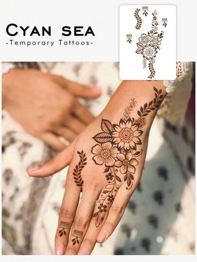 1pc Tattoo Stickers, Free Gift Flower Henna Temporary Tattoo Stickers, Waterproof, Sweat-Proof PVC One-Time Use Realistic Tattoo Stickers, Suitable For Fashion Enthusiasts Daily Use