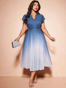 Cravure Plus Size Women's V-Neck Short Sleeve Ruched Flared Ombre Casual Elegant Dress Wedding Dusty Blue Summer - Blue - View 4