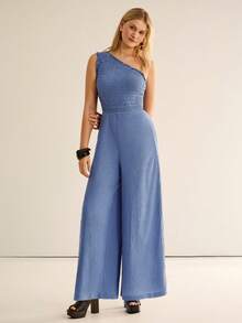CielaLinda Women Solid Color Knitted Ruched Jumpsuit - Blue - View 3