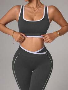 Slayform Slayform Women's Grey Summer Athleisure Gym Outfit,Patchwork Color Cropped Top And Leggings 2 Piece Matching Workout Sets,Casual Sportswear Sports Outfits - Dark Grey - View 5