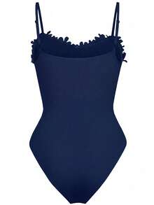 Rometta Plus Size Spaghetti Strap Floral Decor Ruffle Trim Camisole, Summer - Navy Blue - View 2