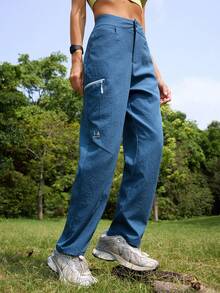 SHEIN In My Nature 女士休闲口袋纽扣闭合百搭日常及户外长裤 - 寶藍色 - 查看 7