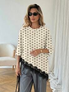 SHEIN LUNE 女士休闲纯色时尚波点不对称下摆蕾丝拼接T恤，百搭日常穿着，春夏休闲上衣，适合度假、夏季、春季、春假及各种场合，包括沙滩装、休闲衬衫、外套和夏季上衣。 - 彩色 - 查看 2