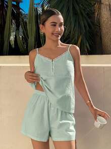 DAZY 2pcs Vacation Style Striped Contrast Ruffle Trim Camisole And Shorts Pajama Set For Women Summer - Green - View 6