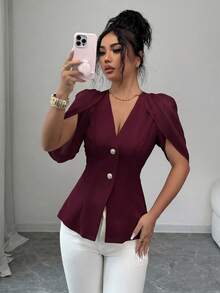 SHEIN Elenzya 女士优雅浪漫修身西装外套，V领设计，褶裥收腰 - 酒紅色 - 查看 6