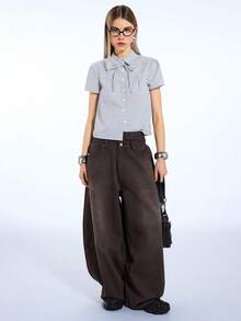 COUREZ Quần jeans ống rộng cạp thấp dáng phồng màu nâu denim/kiểu Y2K mùa hè cho nữ, quần jeans xanh mùa hè cho nữ, quần jeans oversized cho lễ hội, buổi hòa nhạc, mùa xuân cho nữ. - màu nâu - Xem 8