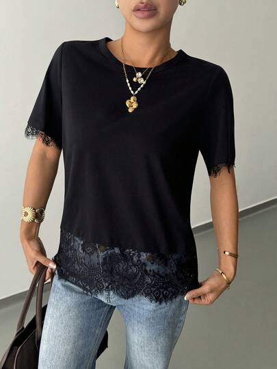Siren Gaze Women's Black Blend T-Shirt, Elegant Casual Elegent Lace Hem Short Sleeve Top Everyday Summmer,Summer Top