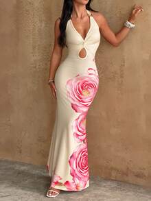 Bluhae Women's Deep V-Neck Halter Maxi Dress Summer Elegant Romantic Vacation Floral Rose Pink Backless Hollow Waist Pleated Spaghetti Strap French Retro - Multicolor - View 3