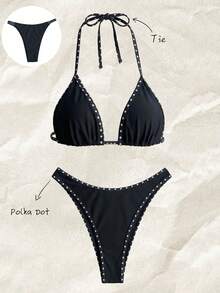 SHEIN Swim Vcay Women's Swimsuit Set, Fashionable Polka Dot Print Trim, Backless, Spaghetti Straps, Tie Waist, Triangle Swim Bottoms, Beach, Casual - Black - View 3