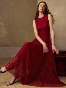 MOTF PREMIUM WOMEN'S SOLID COLOR CONTRAST LACE FLARED DRESS - Red - View 4