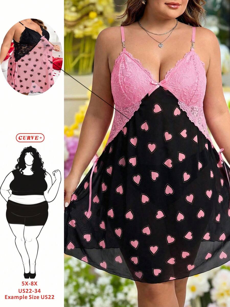 SHEIN CURVE+ CURVE PLUS /Dia dos Namorados/Vestido Camisola Plus Size com Renda em Contraste nas Costas, Estampa de Corações e Detalhes em Malha. Vestido perfeito para o Dia dos Namorados. - Multicolorido - Ver 1