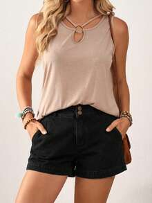 EMERY ROSE Plus Size Solid Color Straight Pocket Casual Summer Versatile Denim Shorts - Black - View 3