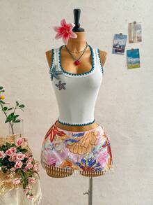 Soleia 女士度假休闲碎花亮片刺绣流苏下摆半身裙 - 彩色 - 查看 1