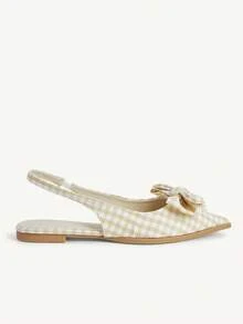 CUCCOO CHICEST 女士鞋履 新款法式浅杏色格纹蝴蝶结露跟鞋 女士尖头平底通勤鞋 - 淺杏 - 查看 3
