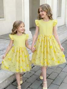 SHEIN Yellow Summer Cute Flower Girl Dress,Girls' Forest Style 3D Floral Embroidery Tulle Princess Dress For Wedding,Easter,Birthday Party,8-14 Years Old - Green - View 7