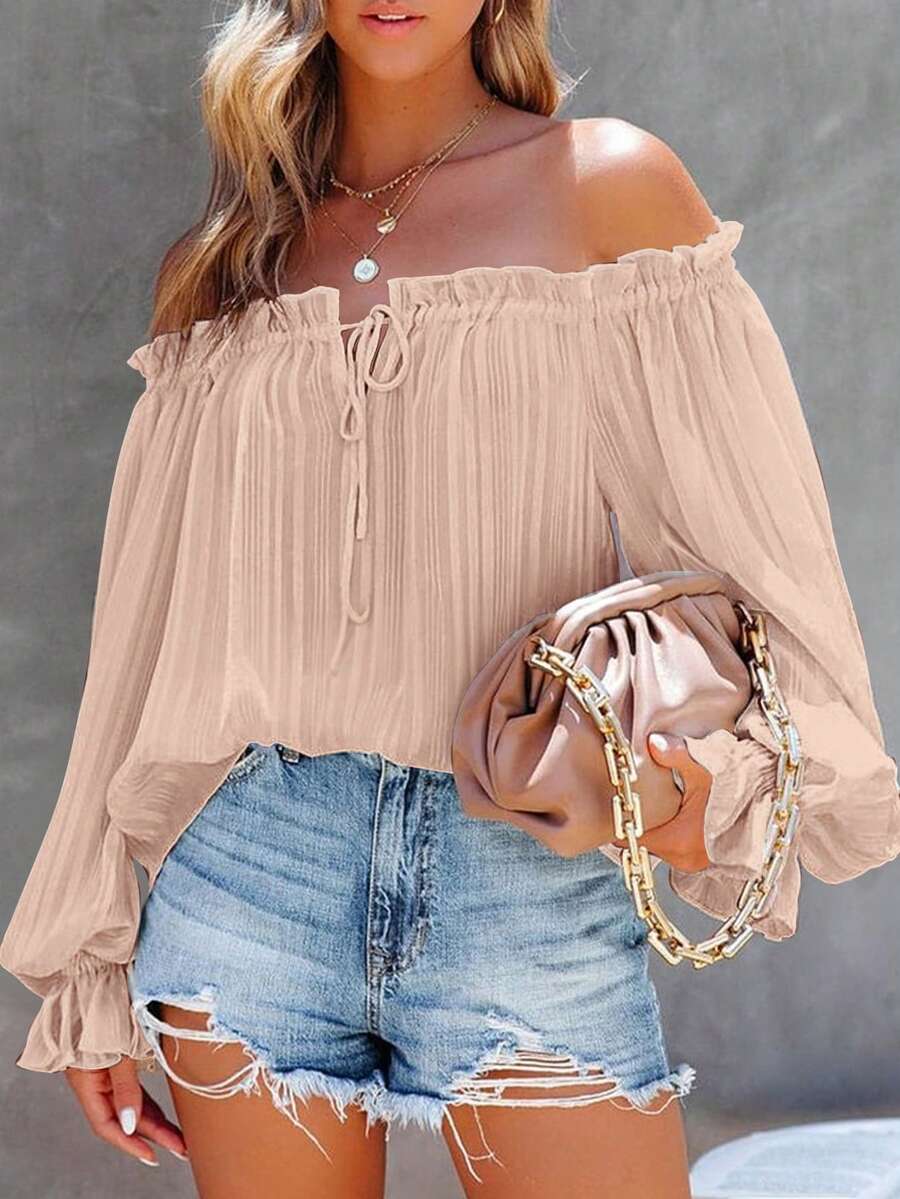 SHEIN VCAY 女式休闲纯色单肩灯笼袖衬衫 - 淺粉色 - 查看 1