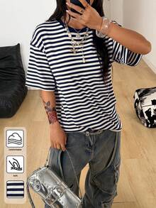 Coolane t-shirts oversize vintage hippie Y2K "Old Money" pour femmes, streetwear d'été - Bleu et Blanc - Voir 5