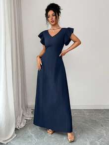 SHEIN Raffinéa Đầm nữ thời trang đi nghỉ mát tay bồng cánh hoa, kiểu dáng thường ngày, thích hợp cho bãi biển. - Màu xanh hải quân - Xem 5