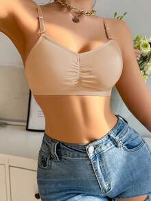 SHEIN Simple Solid Color Ruched Comfortable Wireless Bra - Apricot - View 3
