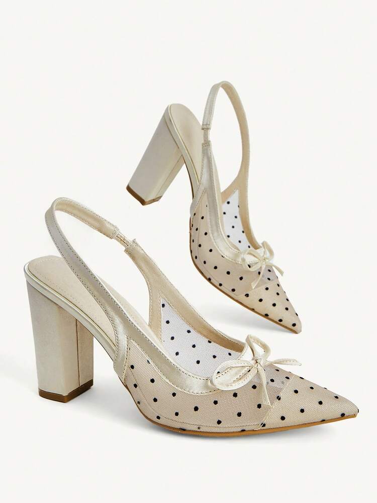 CUCCOO CHICEST Women Shoes Women's French Polka Dot Bow High Heels Nude Pointed Thick Heel Shoes