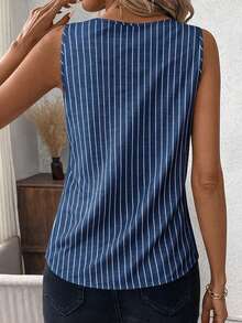 EMERY ROSE Tank Top Wanita Ukuran Besar Kasual Bergaris Biru dengan Leher V, Cocok untuk Musim Panas, Kantor, dan Bisnis. - Navy Blue - View 2