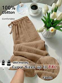 SHEIN CURVE+ Plus Size Women's Solid Color Drawstring Waist Casual Versatile Wide Leg Pants For Daily Wear - Khaki - View 5