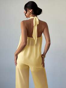 Firerie Bộ đồ nữ thanh lịch, thoải mái, màu hồng chiffon, không tay, cổ yếm, buộc dây, vạt áo lệch vai và quần ống đứng dáng rộng, mẫu mới Xuân/Hè. - Màu vàng - Xem 6