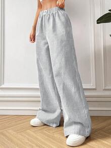 SHEIN PETITE CURVE 大码女式条纹休闲百搭阔腿裤，适合日常穿着 - 灰色 - 查看 4