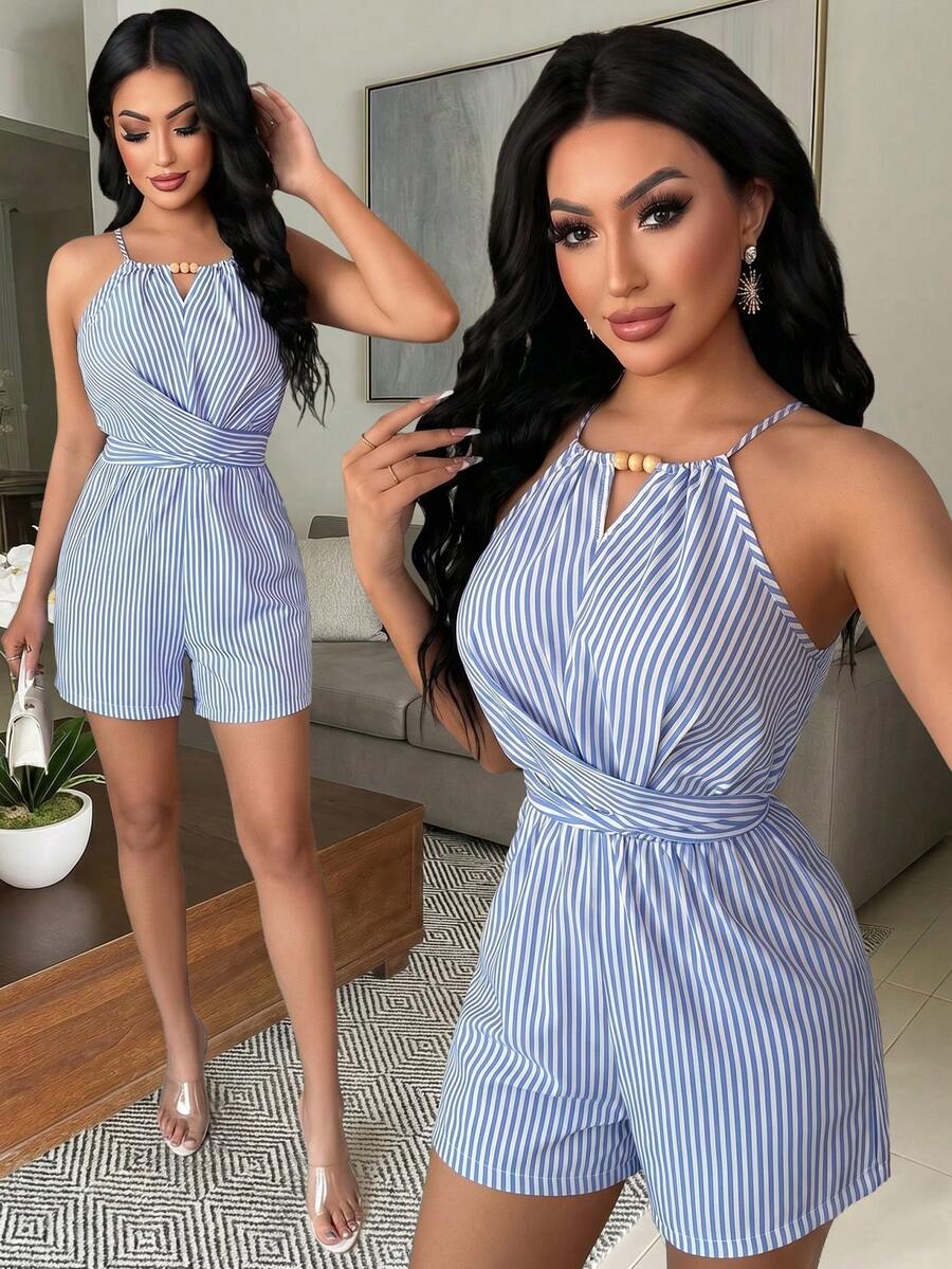 Women's Casual Blue & White Striped Fabric Backless Beaded Design Waist Button Tie Romper - Blue - View 1