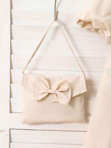 Elladie kids Young Girls Elegant Dress With Bow Decor Handbag, Puff Sleeve Big Bow 3D Flower Design Dress Suitable For Casual, Holiday, Party Occasions - Apricot - View 4