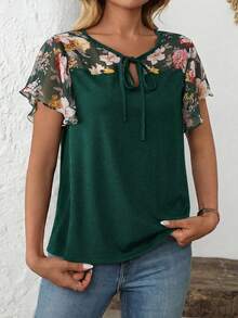 EMERY ROSE Floral Print Patchwork Black Fabric Ruffle Sleeve Casual T-Shirt For Women, Spring/Summer - Dark Green - View 5